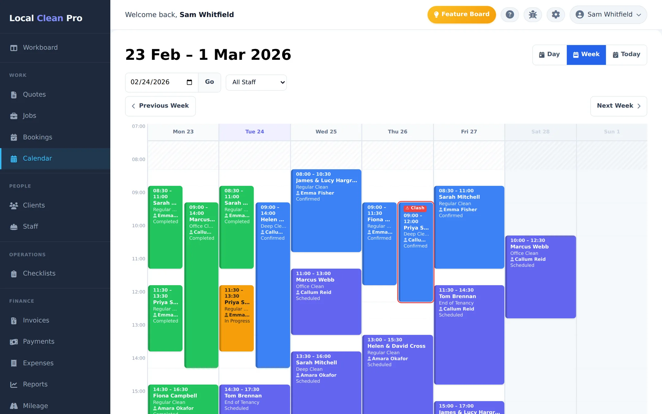 The LCP week calendar with cleaning bookings colour-coded by status, staff names on each visit and a scheduling clash highlighted in red.