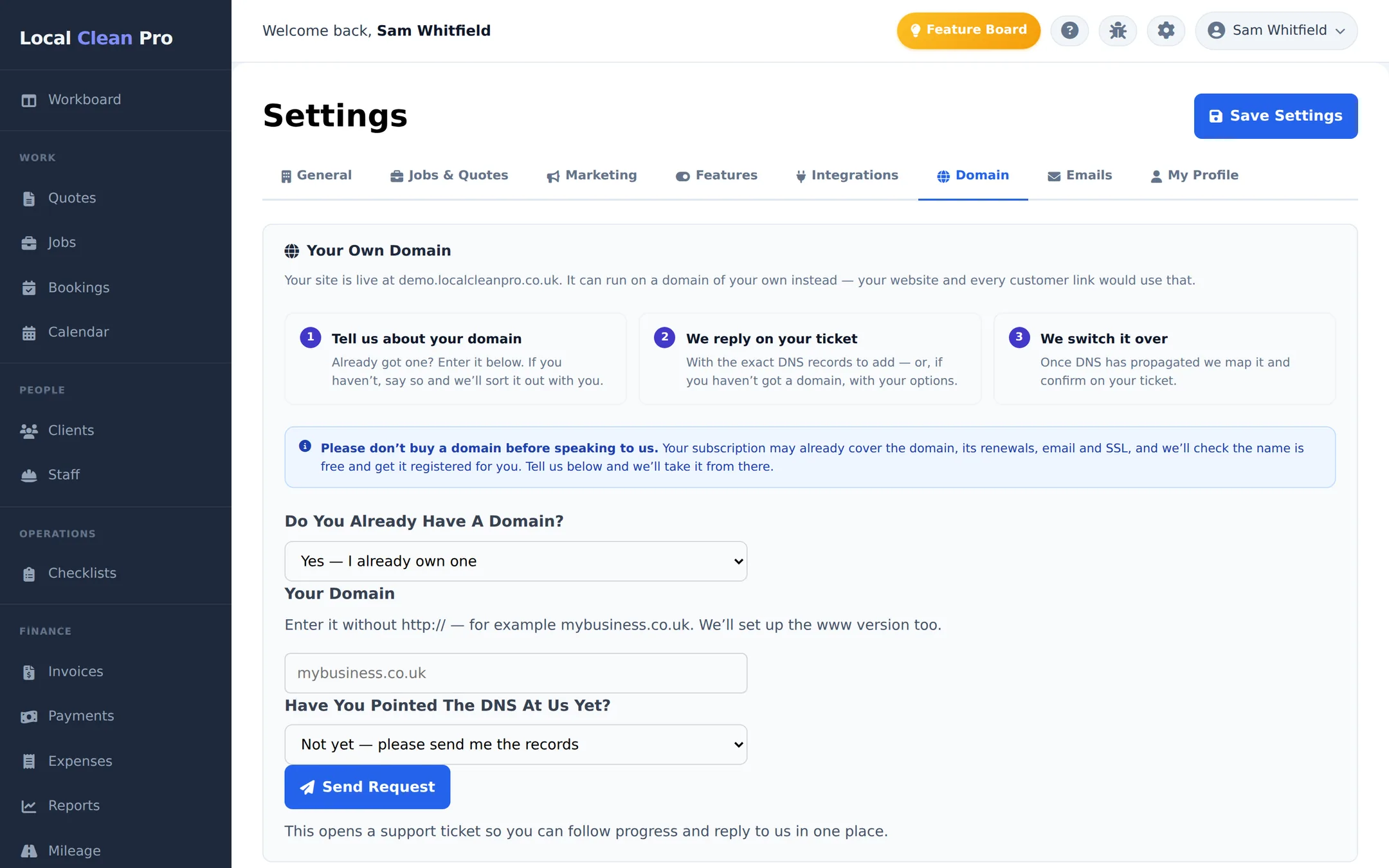 The LCP domain settings panel where you request your own .co.uk domain to be mapped onto your site.