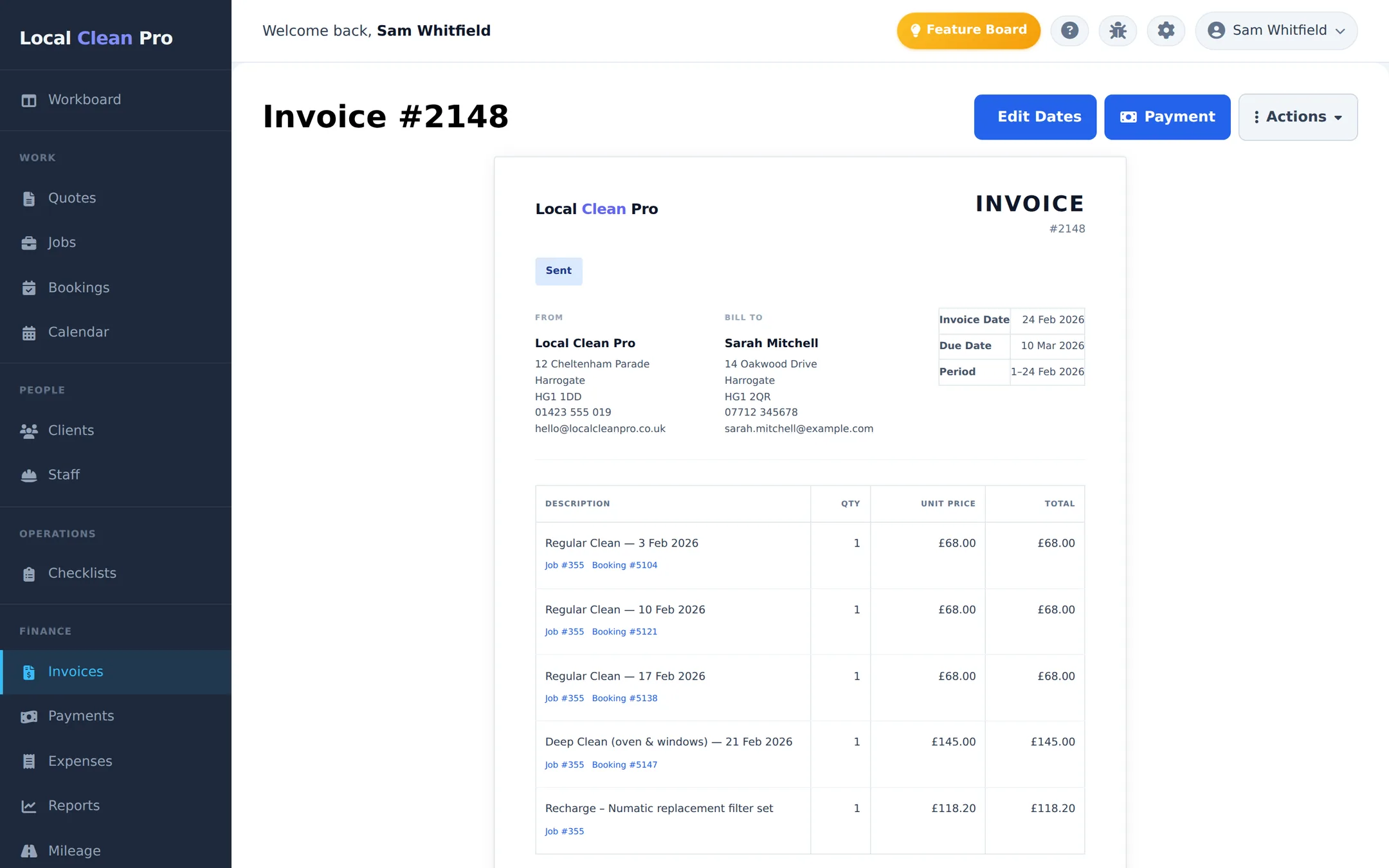 A branded, VAT-ready LCP invoice with line items per booking and a recharged expense added automatically.
