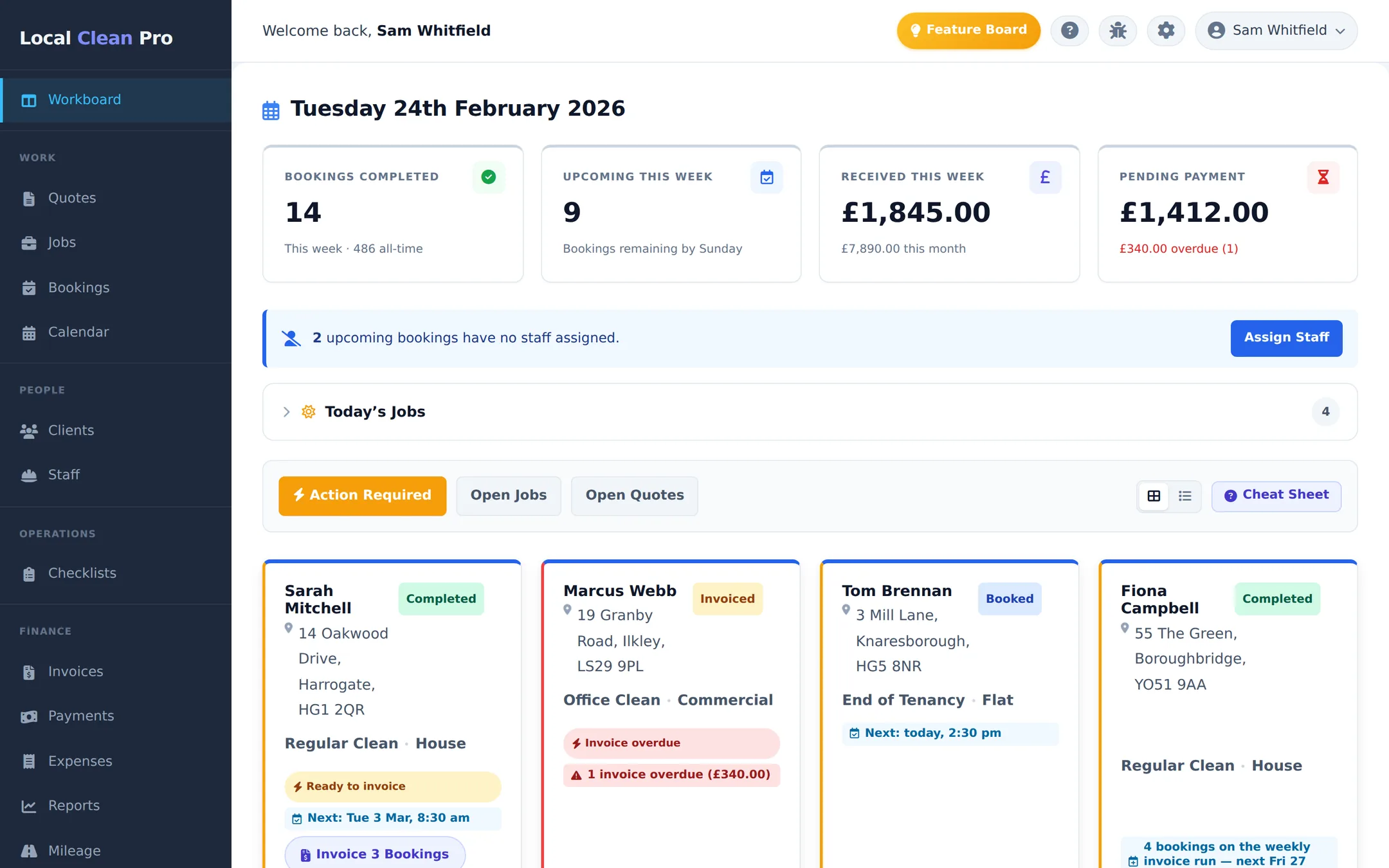 The LCP Workboard: bookings completed, money received this week, pending payments, and cards for each job flagged ready to invoice or overdue.